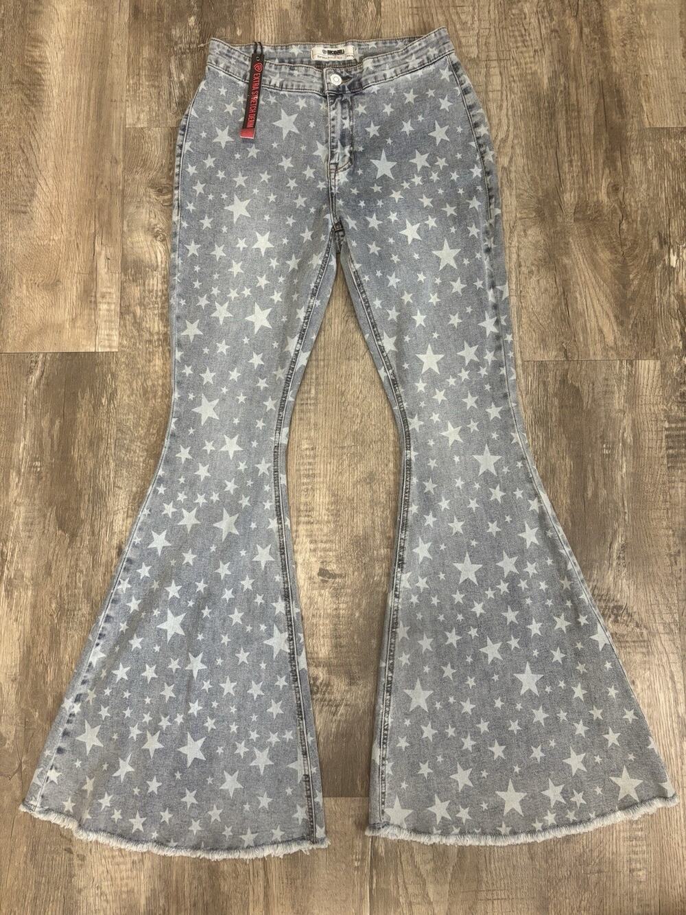 NWT Rock & Roll Denim Star Print Bell Bottom Flare Jeans 30x34 Womens Stretch